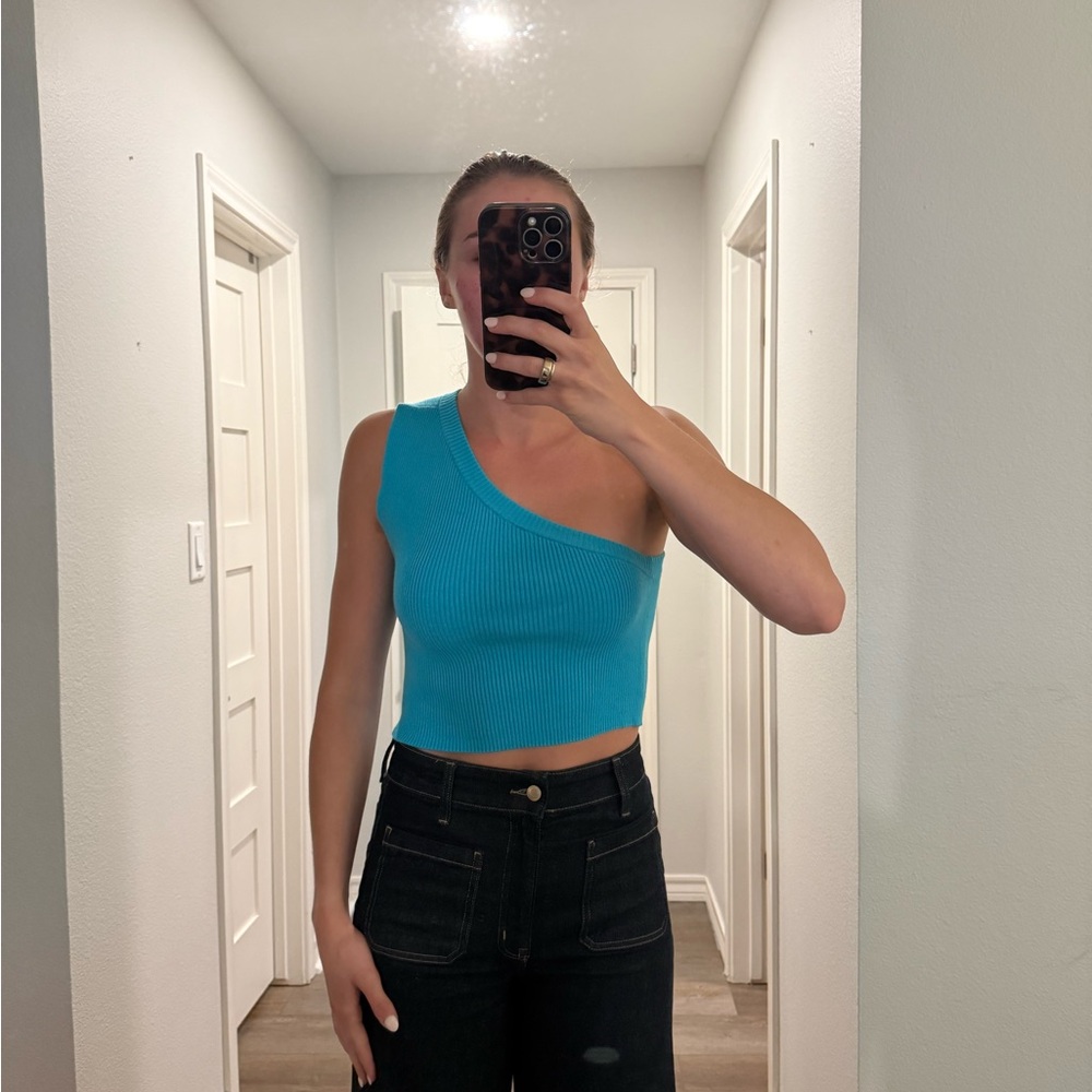Camila Coelho One-Shoulder Ribbed Crop Top - Turquoise